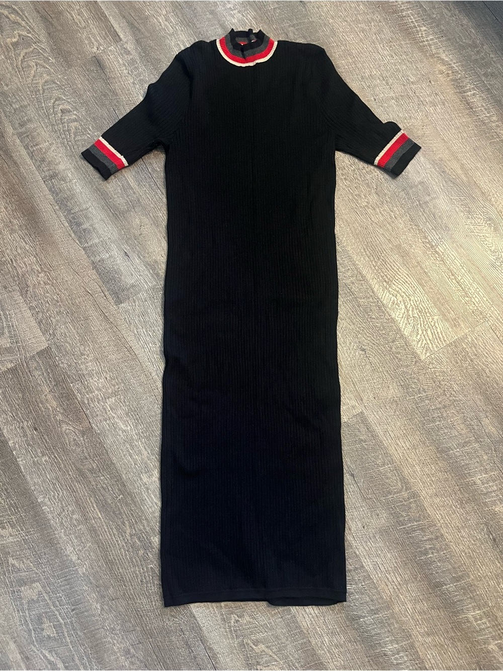 Forever21 Women’s Large Black Stretchy Ribbed Sweater Dress Red & White Trim